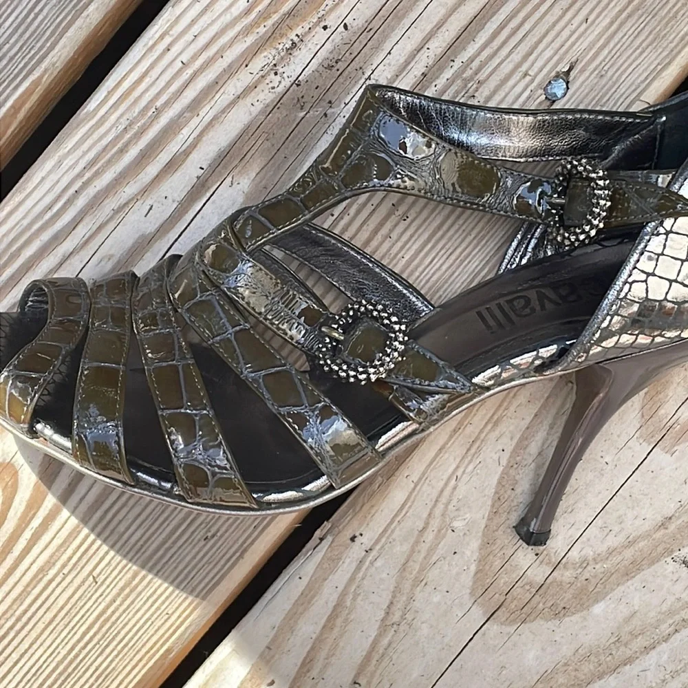 Just Cavalli Olive Green Embossed Leather Strappy Stiletto Sandals EU 37 US 6.5